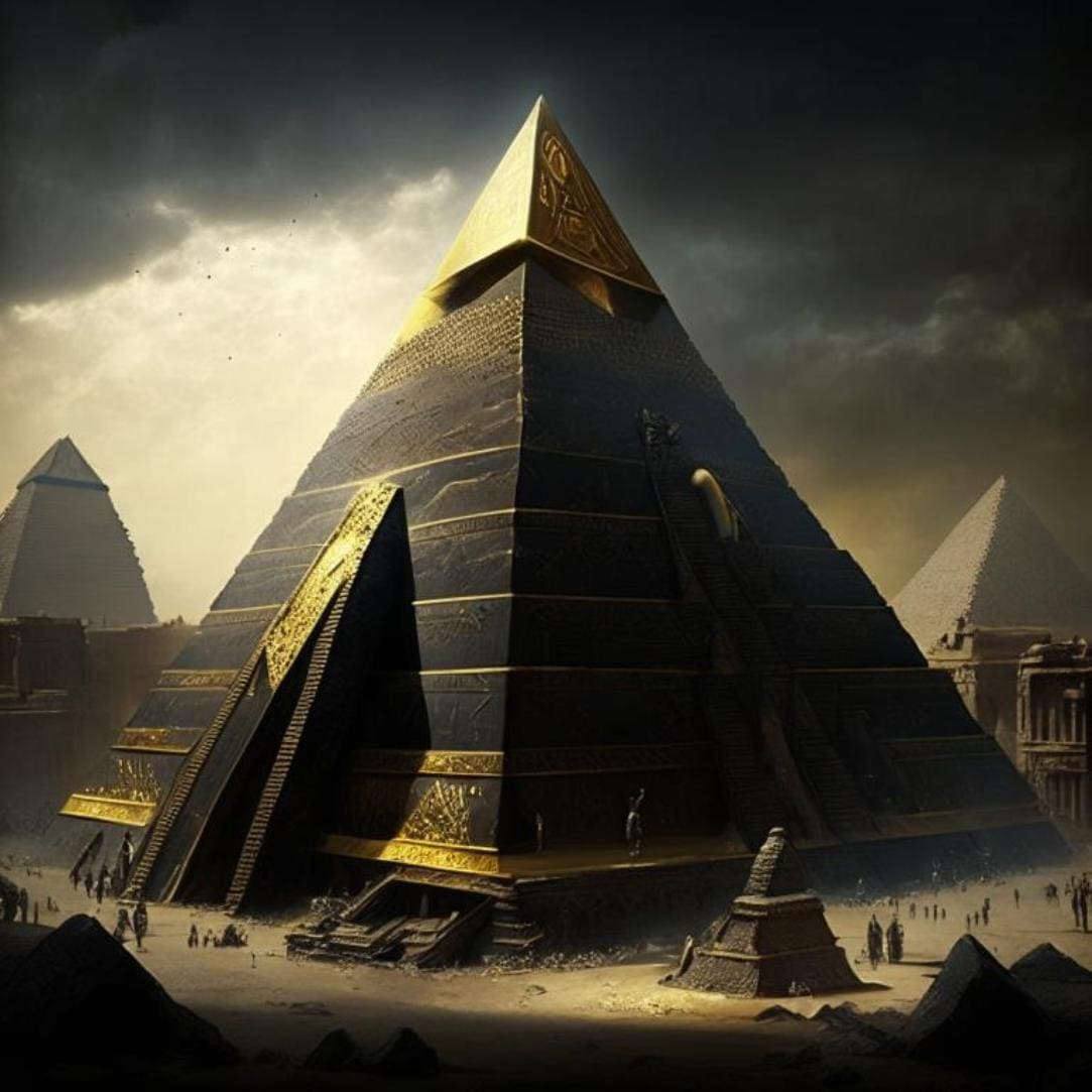 Странные черные пирамиды с золтой верхушкой встречаются во многих эпосах